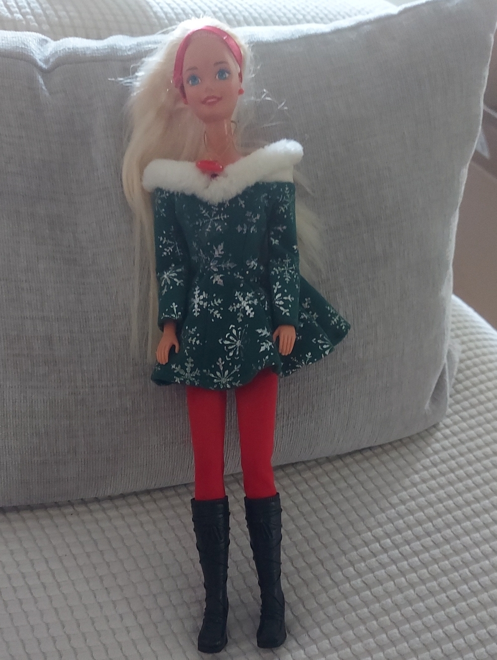 Vintage 1997 "Festive Barbie" Snowflake Holiday Dress with Red Tights